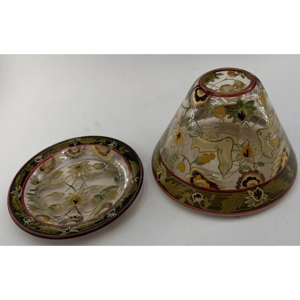 Vintage Yankee Candle Shade Hand Painted Leaf Floral/Foliage Green Red Glass